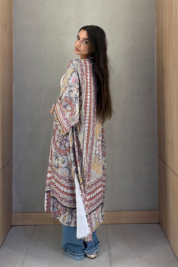 Long Open-Front Printed Cardigan