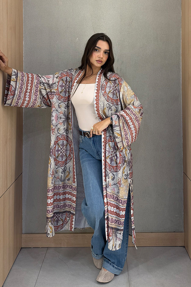 Long Open-Front Printed Cardigan