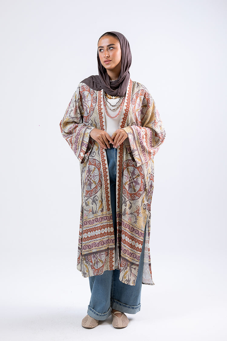 Long Open-Front Printed Cardigan