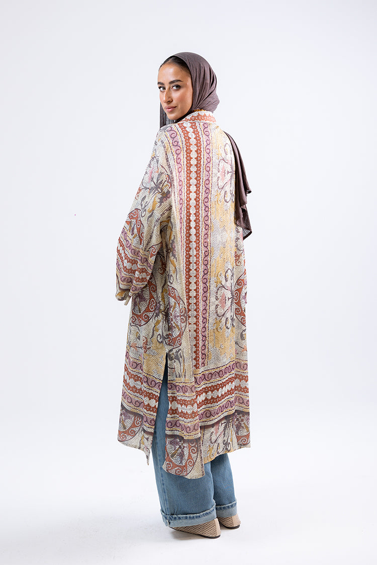 Long Open-Front Printed Cardigan