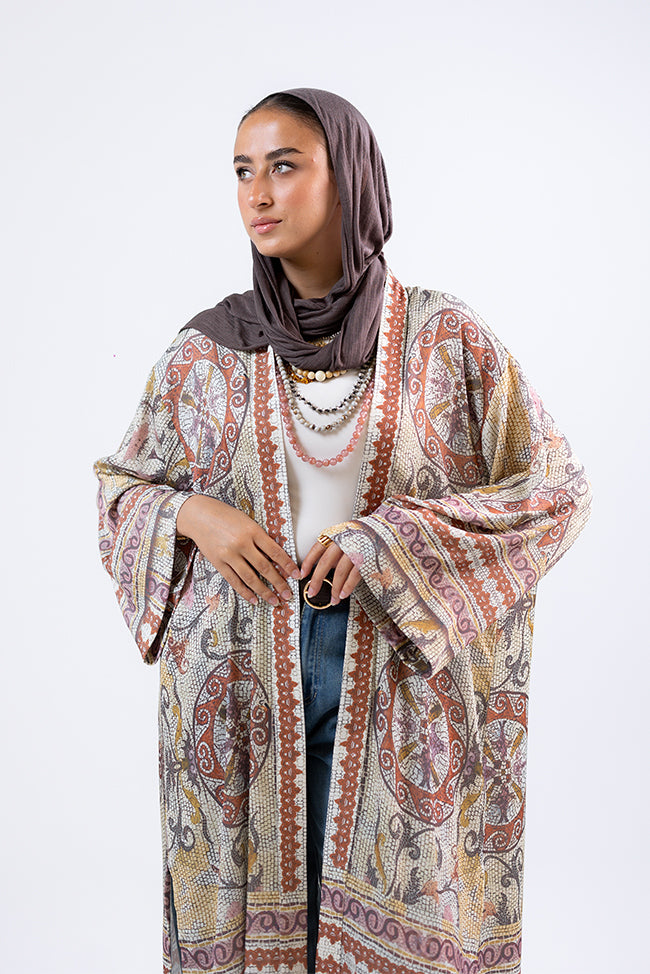 Long Open-Front Printed Cardigan