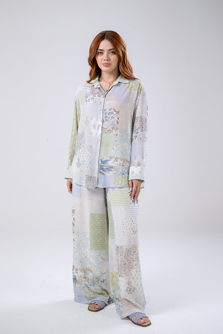 Patchwork Print Wide-Leg Pants