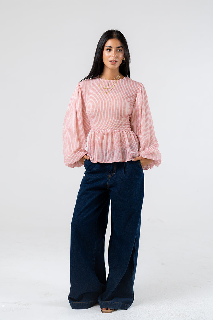 Smocked Peplum Blouse with Balloon Sleeves