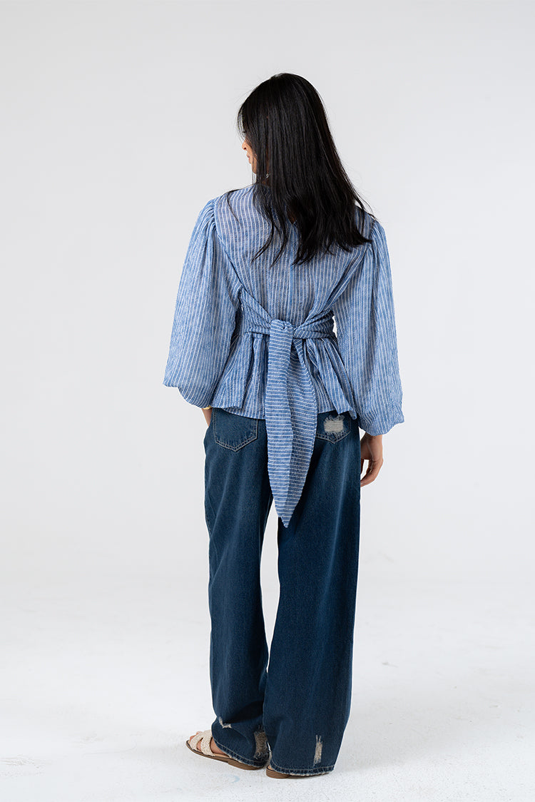 Smocked Peplum Blouse with Balloon Sleeves