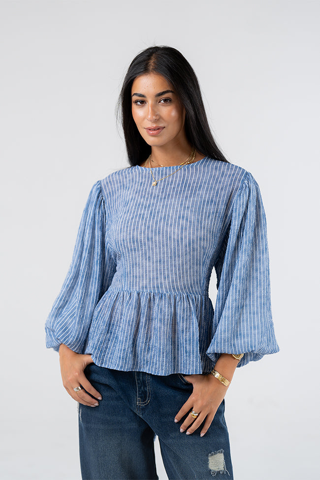 Smocked Peplum Blouse with Balloon Sleeves
