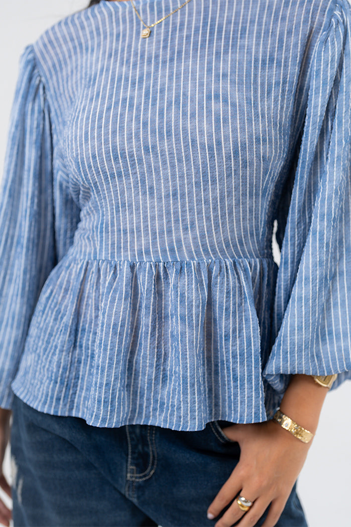 Smocked Peplum Blouse with Balloon Sleeves