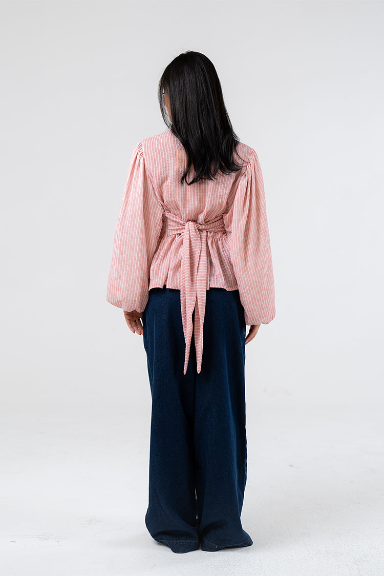 Smocked Peplum Blouse with Balloon Sleeves