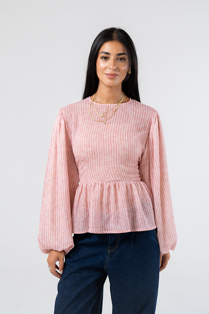 Smocked Peplum Blouse with Balloon Sleeves
