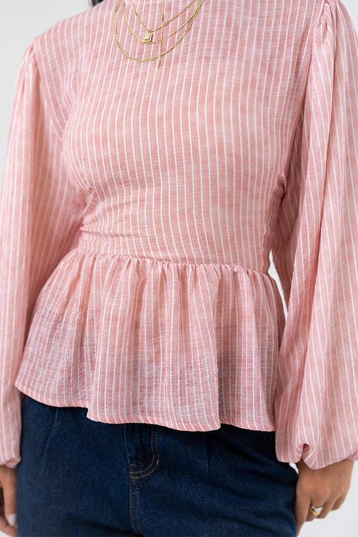 Smocked Peplum Blouse with Balloon Sleeves