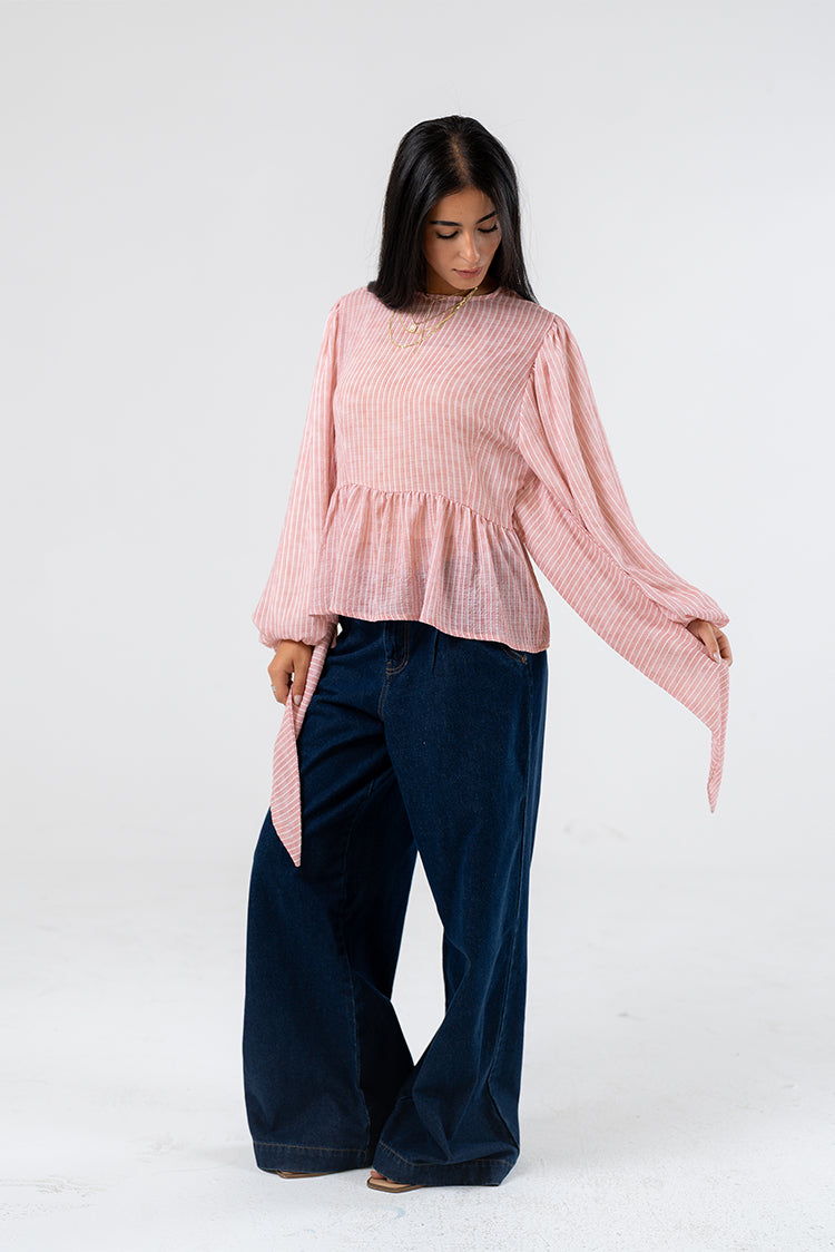 Smocked Peplum Blouse with Balloon Sleeves