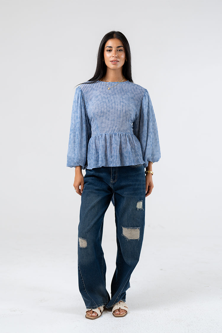 Smocked Peplum Blouse with Balloon Sleeves