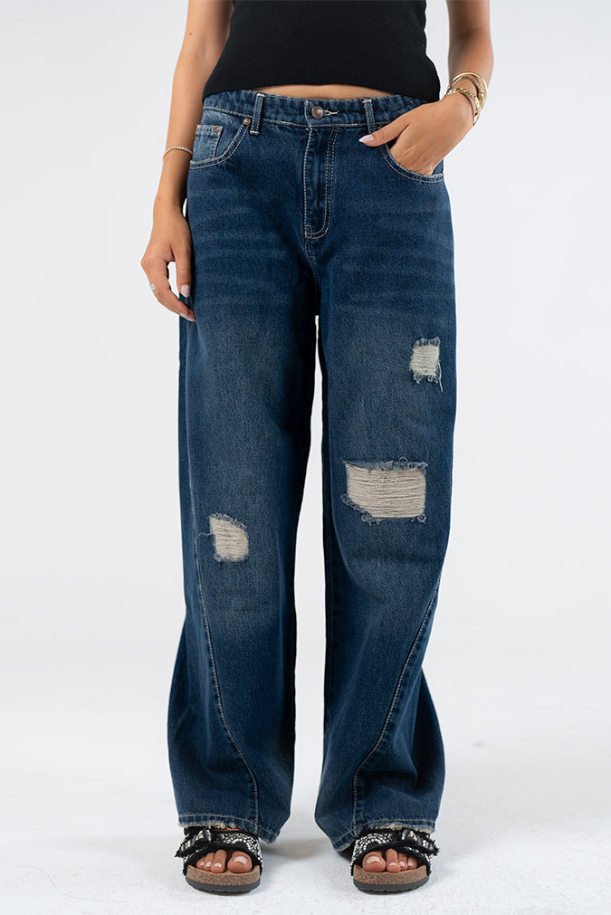 Relaxed Wide-Leg Distressed Jeans