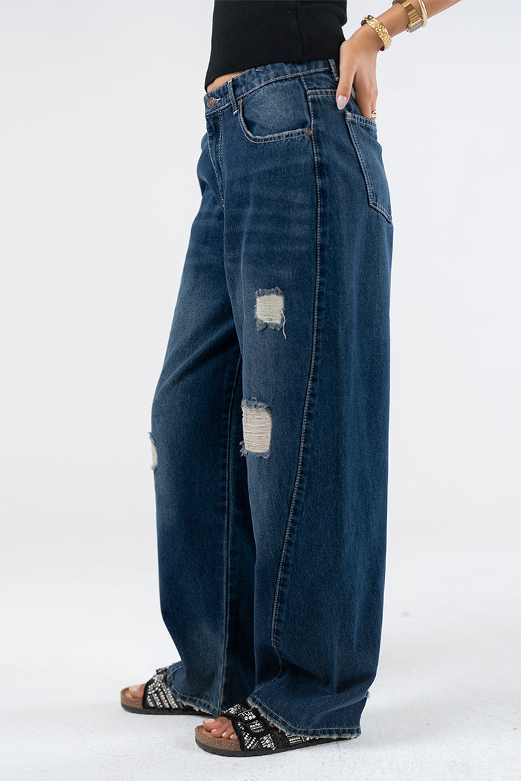 Relaxed Wide-Leg Distressed Jeans