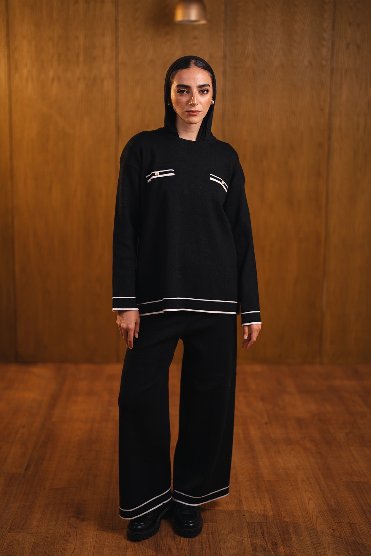 Knit Trimmed Hoodie Top