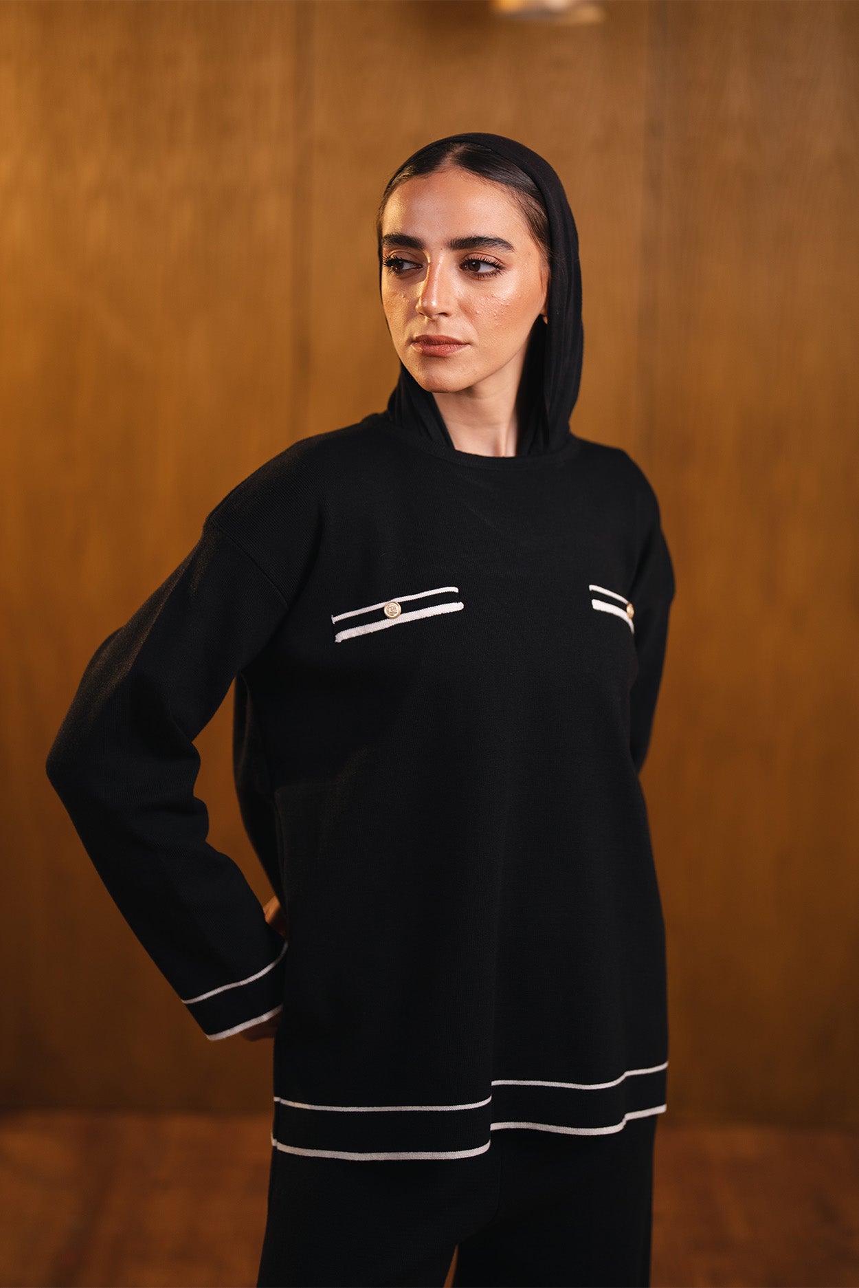 Knit Trimmed Hoodie Top